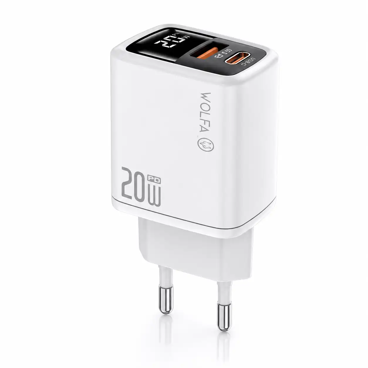 شارژر ۲۰ وات WOLFA دو پورت USB-C و USB-A با نمایشگر LED | مدل W.Hch01