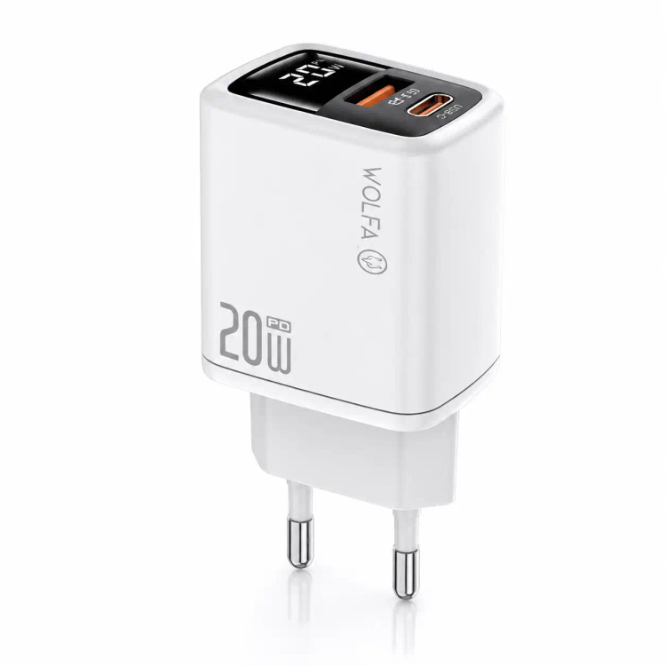 شارژر ۲۰ وات WOLFA دو پورت USB-C و USB-A با نمایشگر LED | مدل W.Hch01