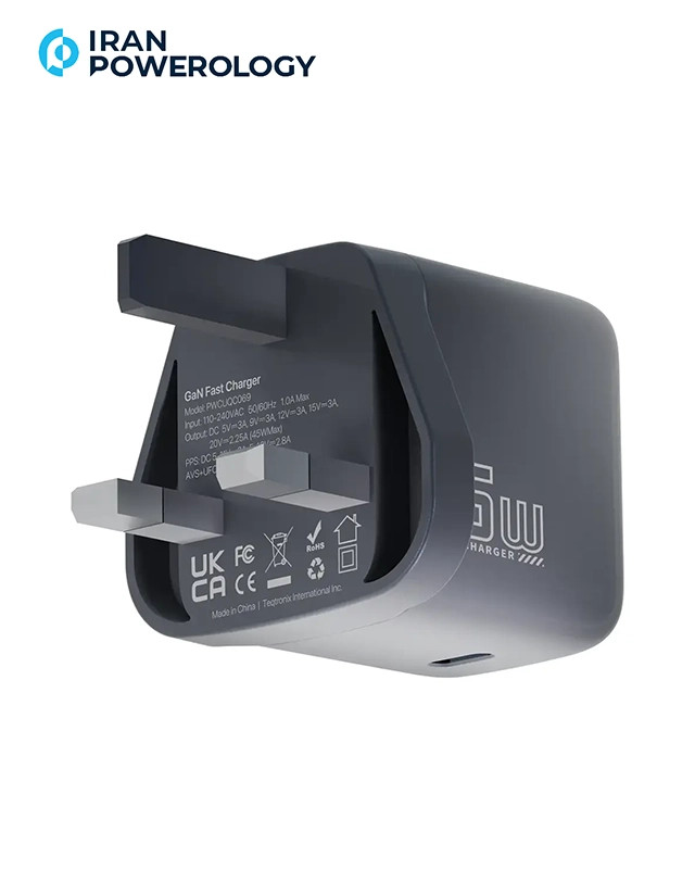 شارژر دیواری با کابل Powerology VoltFlow 45W AVS GaN Wall Charger مدل PWCUQC069C