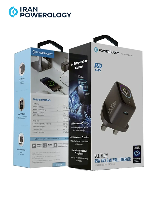 شارژر دیواری با کابل Powerology VoltFlow 45W AVS GaN Wall Charger مدل PWCUQC069C
